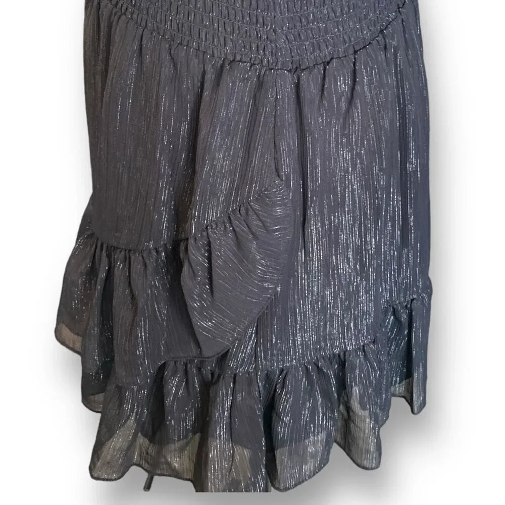 Michael Kors Dress‎ Faux Wrap Black Metallic Shimmer Asymmetrical Ruffle Sheer
